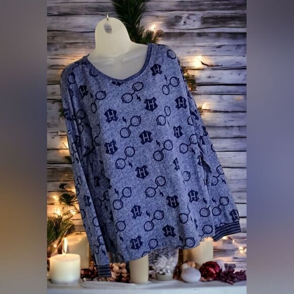 HARRY POTTER  LOUNGE SET WIZARDING WORLD LOGO KNIT Blue/Gray  Cozy  2-Piece - Picture 9 of 12
